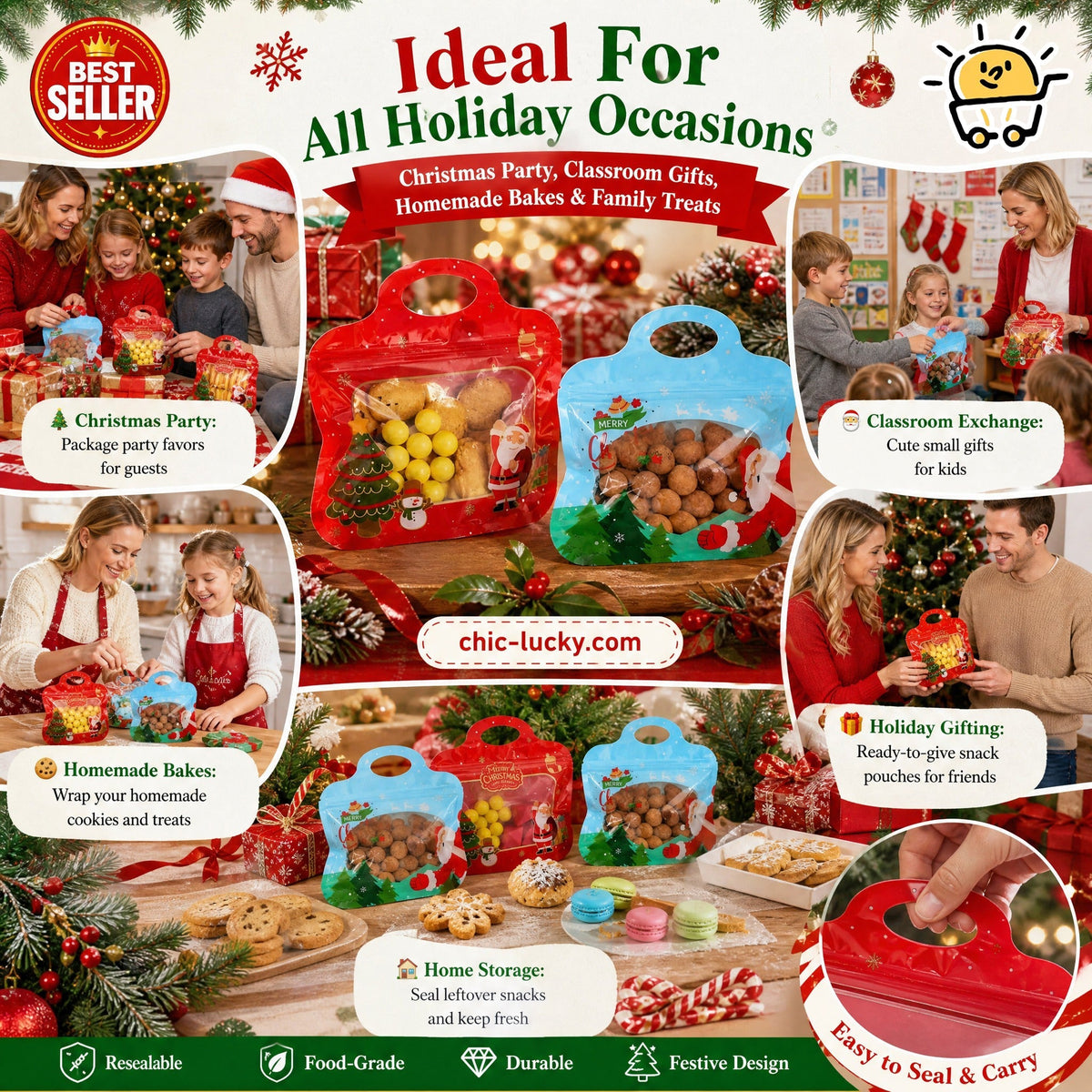 Festive Self-Seal Treat Bags – Santa & Snowman Print | Resealable, Food-Safe & Perfect for Cookies, Chocolates & Little Gifts